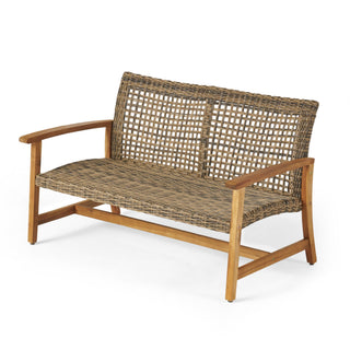 Outdoor Rattan Loveseat With Wooden Legs - Brown