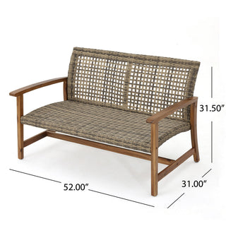 Outdoor Rattan Loveseat With Wooden Legs - Brown