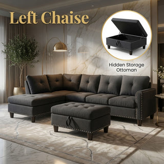 L - Shaped 3 Piece Sectional Sofa With Chaise, Storage Ottoman & Cup Holders