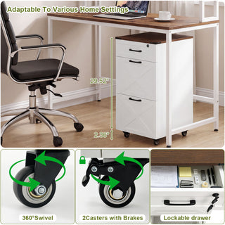 3 Drawer File Cabinet With Wheels, Vertical Rolling Storage For Letter / A4, Printer Stand & Mobile Organizer For Home Office - White