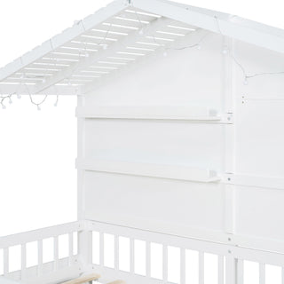 House Bed With Shelves, Window And Sparkling Light Strip On The Roof
