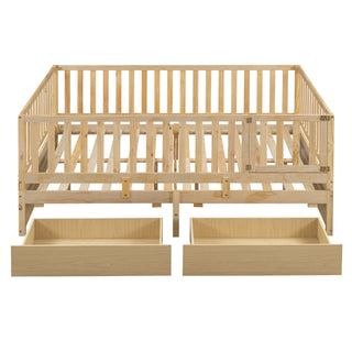 Daybed With Fence Guardrails And 2 Drawers, Split Into Independent Floor Bed & Daybed