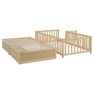 Daybed With Fence Guardrails And 2 Drawers, Split Into Independent Floor Bed & Daybed