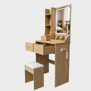 Small Vanity Desk With 3 LED Lighting Modes, 3 Drawers, Hair Dryer Holder, Power Socket, And Dressing Chair - Natural Walnut
