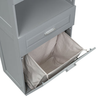 Tall Bathroom Cabinet With Tilt-Out Laundry Basket And Upper Storage