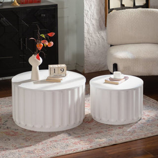 Round Storage Table Set With Lift Off Lid, Nesting Design, Elegant Curved Edge Shape For Living Room - Cream White