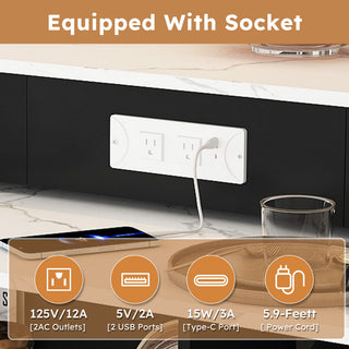 Kitchen Island With Extendable Rotating Table, 4 Drawers & Glass Door Cabinets, Built In Socket - Black