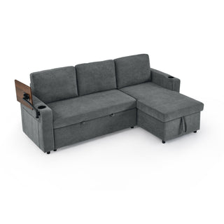 Multi Functional Pull Out Bed Sofa With Retractable Table, LED Lighting, USB Charging Ports & Cup Holders
