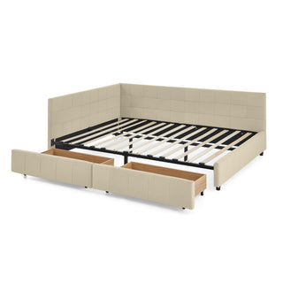 Mid-Century Storage Upholstered Tufted Bed Frame With Backrest And Armrests