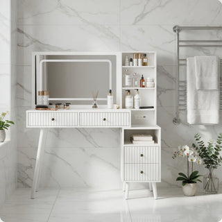 Fluted Vanity Desk With Lighted Mirror & Outlet 4 Drawer, Makeup Table - White