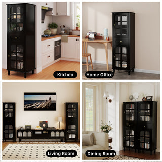 Storage Cabinet, Freestanding Curio Cabinet With Grid Doors & Drawer, Pantry Display Cabinet For Kitchen