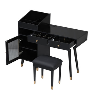 Modern Makeup Vanity Desk With Drawers Cabinet & Charging Port Engineered Wood Space Saving Design For Small Places - Black