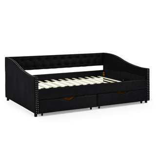 Upholstered Tufted Daybed With 2 Drawers, Waved Arms
