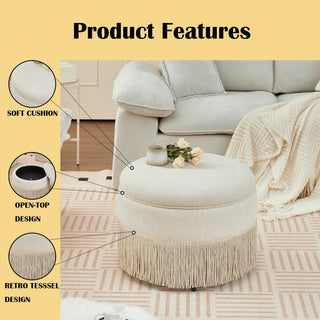 Round Storage Ottoman With Tassel, Decorative Accent Pouf For Living Room