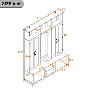 Entryway Hall Tree With Bench, 3 Top Cubbies & Bottom Storage Space