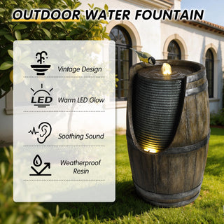 Rustic Barrel Water Fountain With LED Light