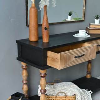 Accent Carved Console Table With Open Shelf And 2 Drawers Living Room - Black / Natural Wood Wash