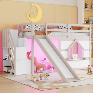 Loft Bed With Storage Stairs, Slide, Playhouse Window And 7 Colors LED Lights