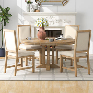 Dining Set & Extendable Round Table And 4 Upholstered Chairs