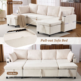 Sectional Sofa Bed With Pull Out Sleeper, USB Ports, Cup Holders