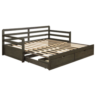 Twin Long 2 Drawer Daybed With Extendable Trundle, Storage Drawers, Fits Standard Mattress - Gray