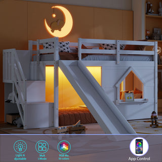 Loft Bed With Storage Stairs, Slide, Playhouse Window And 7 Colors LED Lights