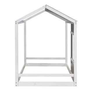 Twin Size House Platform Bed With Roof And Window - Natural / White