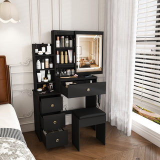 Vanity Desk With 3 LED Lighting Modes, 4 Drawers, Open Shelves, Hair Dryer Holder & Power Socket Dressing Table Set With Chair - Black