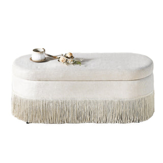 Oval Upholstered Storage Ottoman With Fringe Trim & Lift Top Lid