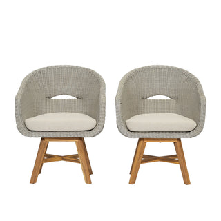 Modern Coastal Rattan Dining Chairs, (Set of 2), Solid Wood Legs - Beige