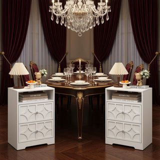 Nightstand With Diamond Carvings Handles, 2 Drawers & Charging Station