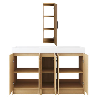 Double Sink Bathroom Vanity Set With Tall Linen Cabinet, Extra Large Storage, Integrated Sink, Freestanding Cabinet - Light Oak / White
