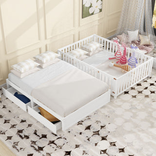 Daybed With Fence Guardrails And 2 Drawers, Split Into Independent Floor Bed & Daybed