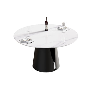 53.15" Modern Artificial Stone Round Carbon Steel Base Dining Table, Can Accommodate 6 People - White / Black