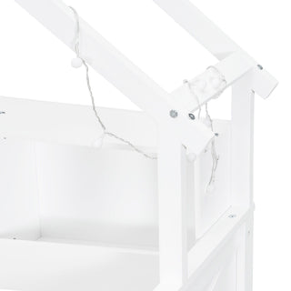 House Style Platform Bed With LED Lights, Storage Shelves, Drawers, And Guardrail