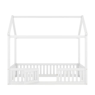 Wood House Bed With Fence And Door
