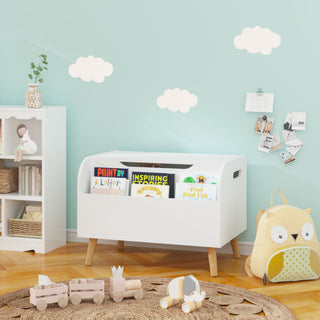 Toy Box With Front Bookshelf, Flip Top Lid, Safety Hinge For Kids Room Organization - White