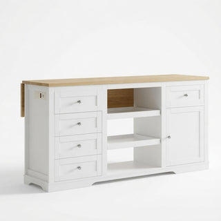 Drop Leaf Kitchen Island With Storage, Power Outlet & Pet Bowl Drawer - White / Light Oak