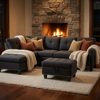 L - Shaped 3 Piece Sectional Sofa With Chaise, Storage Ottoman & Cup Holders