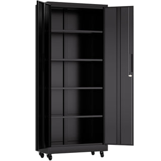 Storage Cabinet With Wheels And Lock, 4 Adjustable Shelves, 3 Point Locking Security, For Tool Organization In Garage - Black