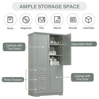 Tall And Wide Storage Cabinet With Doors For Bathroom Or Office, 3 Drawers - Gray