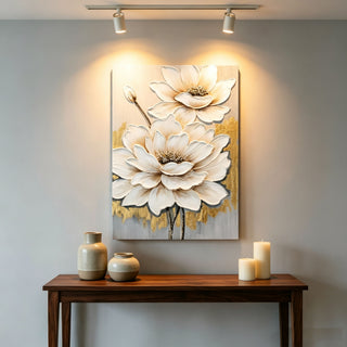 Lotus Flower Canvas Wall Art, Hand Painted Thick Textured Floral Painting With Accents, Neutral Decor For Living Room - Antique White / Gray