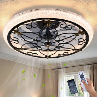 20" Caged Ceiling Fan With Remote Control And Crystal Sand Lampshade - Matte Black