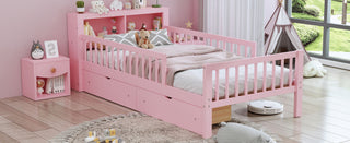 Bed With Headboard Storage Rack, 2 Under Bed Drawers, 3 Side Guardrails For Safety
