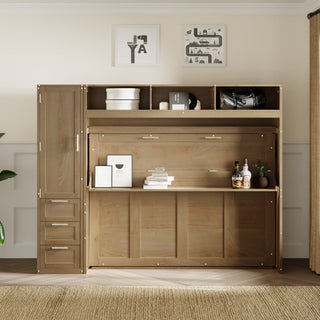 Full Size Murphy Bed With Wardrobe, Drawers, And Open Shelves - Wood