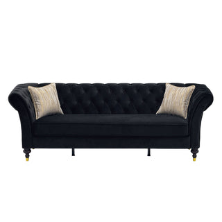3 Seater Button Tufted Sofa With Rolled Arms, Living Room Couch With 2 Pillows - Black