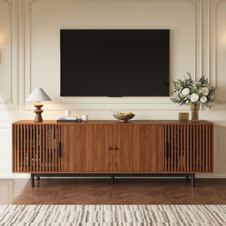 TV Stand, Media Console & Soft Closing Hinges, Adjustable Shelves, Slatted Doors - Walnut