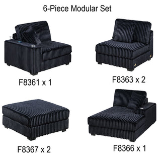 6 Piece Modular U Sectional Sofa Set With USB Cup Holder, Low Leg - Black