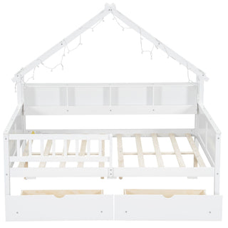 House Style Platform Bed With LED Lights, Storage Shelves, Drawers, And Guardrail