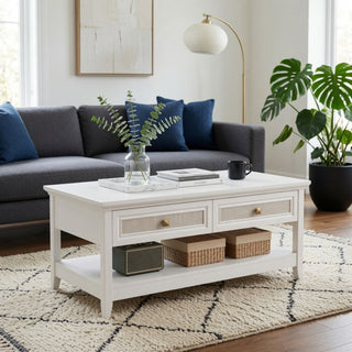 Coffee Table With Drawers & Storage Shelf - White
